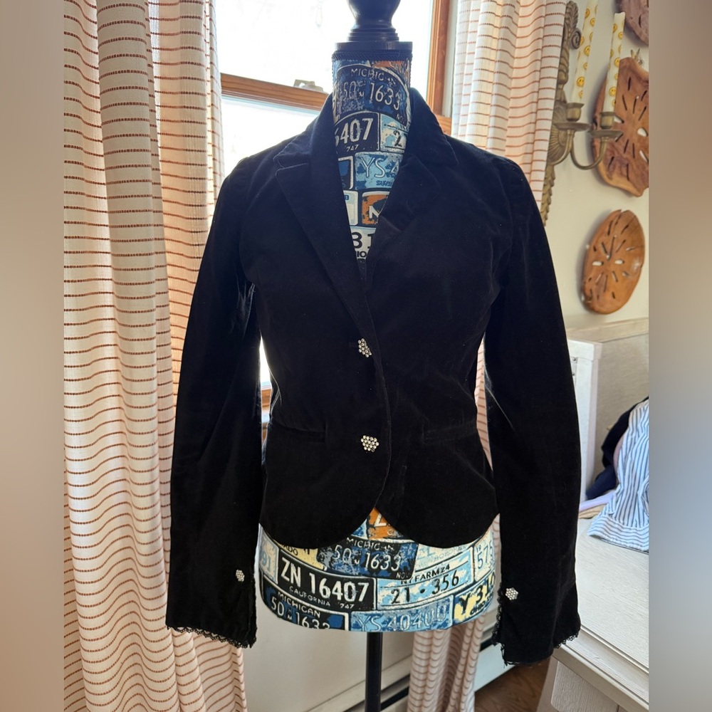 Old Navy Black Velvet Blazer Jacket Lace Detail Size Small